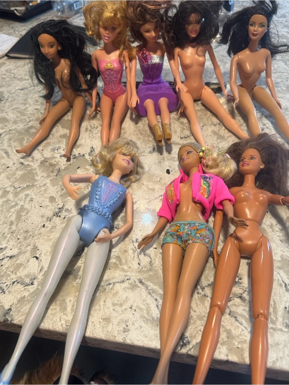 Fashion Doll Lot – Mixed Skin Tones with Pink and Purple Outfits vintage dolls